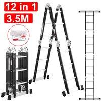 VOGREX Heavy Duty Aluminium Combination Step Ladder Foldable Multi-Purpose in Black