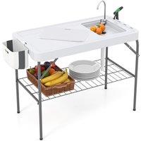 Costway Foldable Fish Cleaning Table 2 in 1 Outdoor Workstation w/ Sink in White
