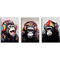 simpa Headphone Apes 3 Panel Canvas Wall Art