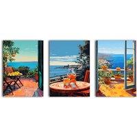 simpa Terrace with Ocean 3 Panel Canvas Wall Art