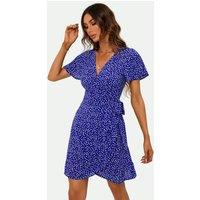 FS Collection Women's Floral Print Mini Wrap Dress in Blue | Size: XL