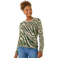 Roman Women's Embellished Animal Knit Jumper in Khaki | Size: 14