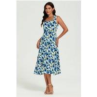 FS Collection Women's Blue Floral Print Heart Neck Midi Dress in White | Size: Small