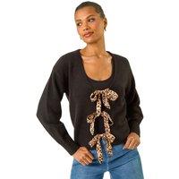 Roman Women's Animal Tie Front Knit Cardigan in Black | Size: 16