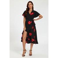 FS Collection Women's Floral Print Angel Sleeve Wrap Dress In Black | Size: Small