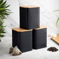 Cooks Professional 3pc Embossed Tea Coffee Sugar Kitchen Storage Bins with Bamboo Lids in Black