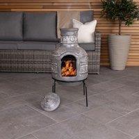 Charles Bentley Leaf Motif Clay Chiminea BBQ Grill Leaf Design Rain Lid in Grey