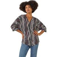 Roman Women's Abstract Print Zip Front Stretch Top in Black | Size: 14