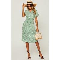 FS Collection Women's Relaxed Floral Print Button Down Midi Shirt Dress in Green | Size: XS