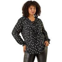 Roman Women's Curve Polka Dot Ruffle Top in Black | Size: 16