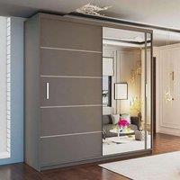 MN Furniture Double Door Sliding Mirror Wardrobe - LED Light 150cm x217cm in Grey | Size: 150 cm x217 cm