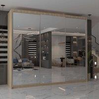 MN Furniture Cuba Sliding Mirror Wardrobe - LED Light 250cm x 217cm in Light Oak | Size: 250 cm x 217 cm