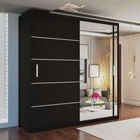 MN Furniture Double Door Sliding Mirror Wardrobe - LED Light 203cm x217cm in Black | Size: 203 cm x217 cm