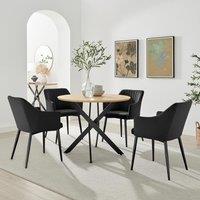 FurnitureboxUK Novara 100cm Oak Veneer Top Round Dining Table & 4 Black Calla Chairs in Brown