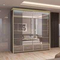MN Furniture High Gloss Sliding Mirror Wardrobe - LED Light 203cm x 220cm in Grey | Size: 203 cm x 220 cm