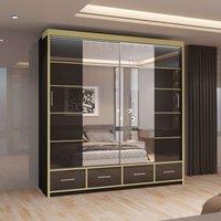 MN Furniture High Gloss Sliding Mirror Wardrobe - LED Light 203cm x 220cm in Black | Size: 203 cm x 220 cm