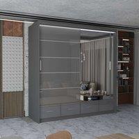 MN Furniture High Gloss Sliding Mirrored Wardrobe with LED Light - 203x220cm in Grey | Size: 203x220 cm