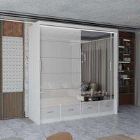 MN Furniture High Gloss Sliding Mirrored Wardrobe with LED Light - 203x220cm in White | Size: 203x220 cm