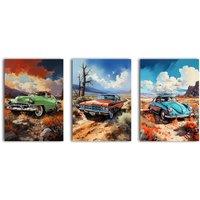 simpa Vintage Classic Cars 3 Panel Canvas Wall Art