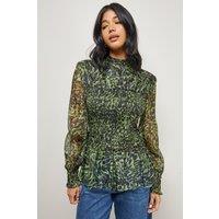 Warehouse Women's Animal Organza Shirring Blouson Sleeve Shirt in Lime | Size: 8