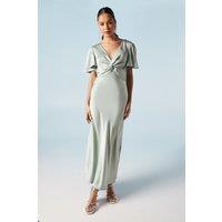 Oasis Women's Satin Twist Front Angel Sleeve Midi Bridesmaid Dress in Sage | Size: 6