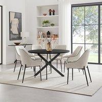 FurnitureboxUK Novara Black Top Dining Table & 6 Beaumont Cream Fabric Chairs