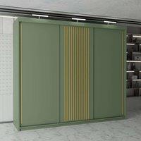 MN Furniture Modern Sliding Wardrobe with Golden Strips LED Light 250x217cm in Green | Size: 250x217 cm