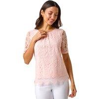 Roman Women's Scalloped Lace Round Neck Top in Light Pink | Size: 18