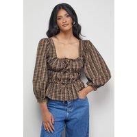 Warehouse Women's Check Tie Front Square Neck Blouse in Brown | Size: 8