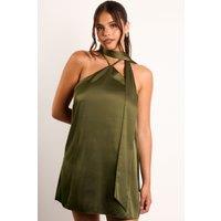 Jaded Rose Women's Kiska Olive Satin Tie Neck Mini Dress in Dark Olive | Size: 8