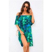 FS Collection Women's Abstract Floral Print Bardot Frill Off-Shoulder Mini Dress In Green | Size: 2XL