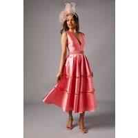 Coast Women's Petite Plunge Neck Twill Midi Dress With Lace Trims in Pink | Size: 8