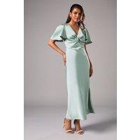 Oasis Women's Petite Satin Twist Angel Sleeve Midi Bridesmaid Dress in Sage | Size: 16