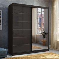MN Furniture High Gloss Sliding Mirror Wardrobe-LED Light W200cmxH200cm in Black