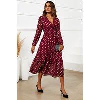FS Collection Women's Gold Foil Lace Trim Long Sleeve Midi Dress in Wine | Size: XS