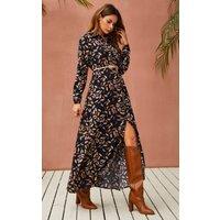 FS Collection Women's Leaf Print Black Shirt Dress With Tie Waist & Free Gold Stretch Leaf Belt | Size: 6-8