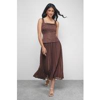 Warehouse Women's Satin Fitted Bodice Chiffon Pleated Skirt Midi Dress in Chocolate | Size: 8