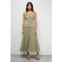 Warehouse Women's Satin Fitted Bodice Chiffon Pleated Skirt Midi Dress in Olive | Size: 16