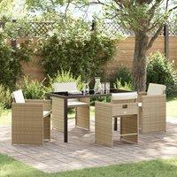 5 Piece Garden Dining Set with Cushions Beige Poly Rattan