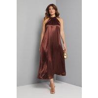 Wallis Women's Satin Embellished Floral Neck Trim Halter Dress in Chocolate | Size: 18