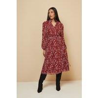 Wallis Women's Petite Spot Pintuck Belted Midi Dress in Rust | Size: 12