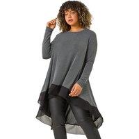 Roman Women's Curve Glitter Chiffon Hem Tunic Top in Silver | Size: 22-24