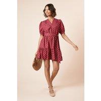 Dorothy Perkins Women's Burgundy Spot Printed Overhead Belted Puff Sleeve Mini Dress in Floral | Size: 14