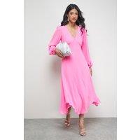 Warehouse Women's Tony Chiffon Plunge Neck Asymmetric Hem Midi Dress in Bright Pink | Size: 8
