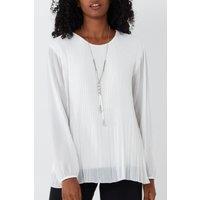 HOXTON GAL Women's Relaxed Fit Pleated Tulle Detailed Long Sleeve Blouse with Necklace in White