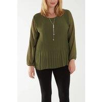 HOXTON GAL Women's Relaxed Fit Pleated Tulle Detailed Long Sleeve Blouse with Necklace in Khaki
