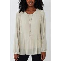HOXTON GAL Women's Relaxed Fit Pleated Tulle Detailed Long Sleeve Blouse with Necklace in Beige
