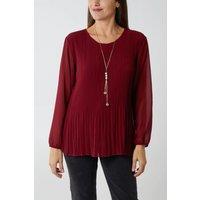 HOXTON GAL Women's Relaxed Fit Pleated Tulle Detailed Long Sleeve Blouse with Necklace in Burgundy