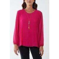 HOXTON GAL Women's Relaxed Fit Pleated Tulle Detailed Long Sleeve Blouse with Necklace in Pink