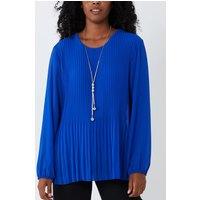 HOXTON GAL Women's Relaxed Fit Pleated Tulle Detailed Long Sleeve Blouse with Necklace in Blue